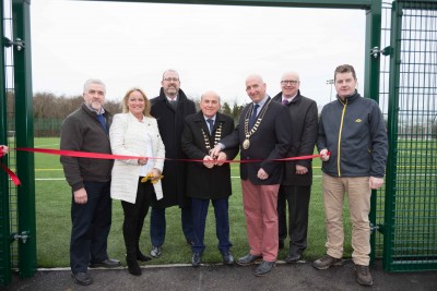 Tom McNamara Cathaoirleach Clare County Council with Gerry Flynn, Chair of the Social Development SPC, Mayor of Ennis Paul Murphy, Liam Conneally, Director of Social Development, Clare County Council, Tim Forde,Head of Sports & Recreation, Clare County Council and Councillor Mary Howard, Chair Sports and Leisure Comnmittee and ichard Murphy, Facilities Manager at the official opening of the  3G all-weather playing pitch at Active Ennis John OSullivan Park, Lees Road and newly refurbished gymnasium at Active Ennis Leisure Complex on Friday, 2 February 2018. Photograph by Eamon Ward