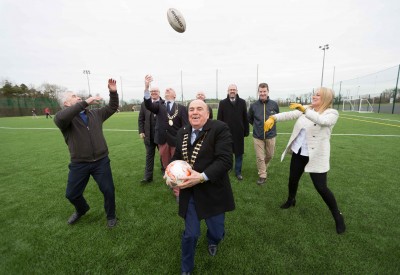 Tom McNamara Cathaoirleach Clare County Council with Gerry Flynn, Chair of the Social Development SPC, Mayor of Ennis Paul Murphy, PJ Carmody, Senior Executive Technician, Liam Conneally, Director of Social Development, Clare County Council, Tim Forde,Head of Sports & Recreation, Clare County Council , Councillor Mary Howard, Chair Sports and Leisure Comnmittee and Richard Murphy, Facilities Manager at the official opening of the  3G all-weather playing pitch at Active Ennis John O’Sullivan Park, Lees Road and newly refurbished gymnasium at Active Ennis Leisure Complex on Friday, 2 February 2018. Photograph by Eamon Ward