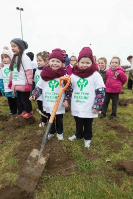**NO REPRO FEE** Twins Bonnie and Sophie Clarke and friends from local primary schools St. Senan’s NS and Gaelsoil Ui Choimin planting their trees as part of the "One Tree per Child" initiative at Active Kilrush Sports Project. Kilrush Tidy Towns, in partnership with local schools and Clare County Council, have embarked on an initiative to ensure every child will plant a tree of their own As part of National Tree Week. Photograph by Eamon Ward